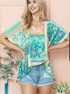 Patchwork Floral V-Neck Tunic in Teal & Green